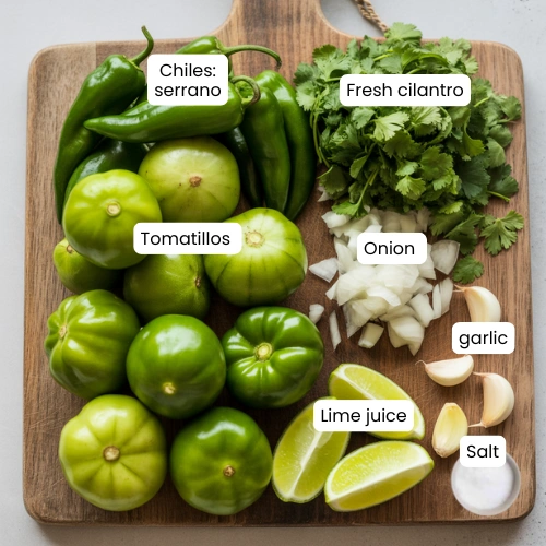 Fresh tomatillos, serrano peppers, garlic, onion, cilantro, and lime arranged for salsa verde on a rustic cutting board.