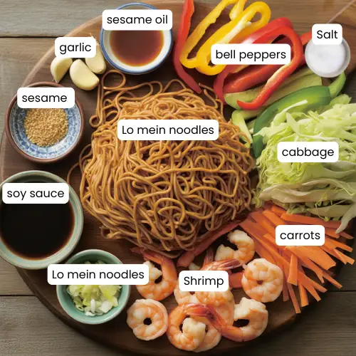 Flat-lay of shrimp lo mein ingredients arranged on a rustic board.