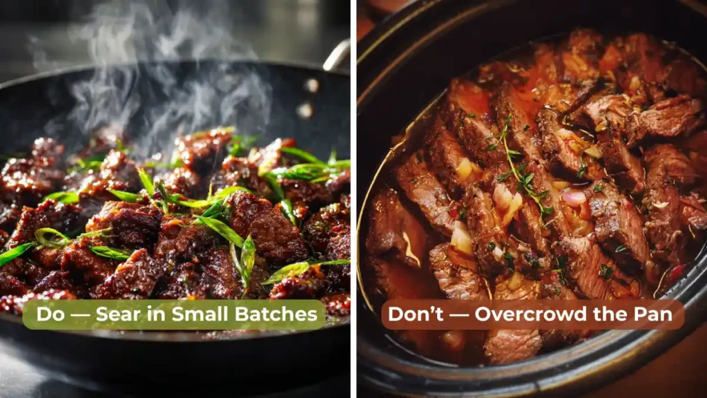 Side-by-side comparison of properly seared Mongolian beef and overcrowded, steamed beef in skillets