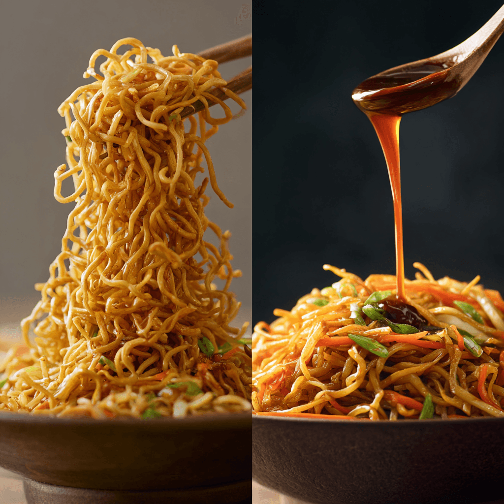 Chow mein noodles searing in wok with vegetables and sauce
