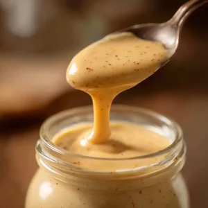 Close-up of a spoonful of creamy Boom Boom Sauce showing its smooth texture.
