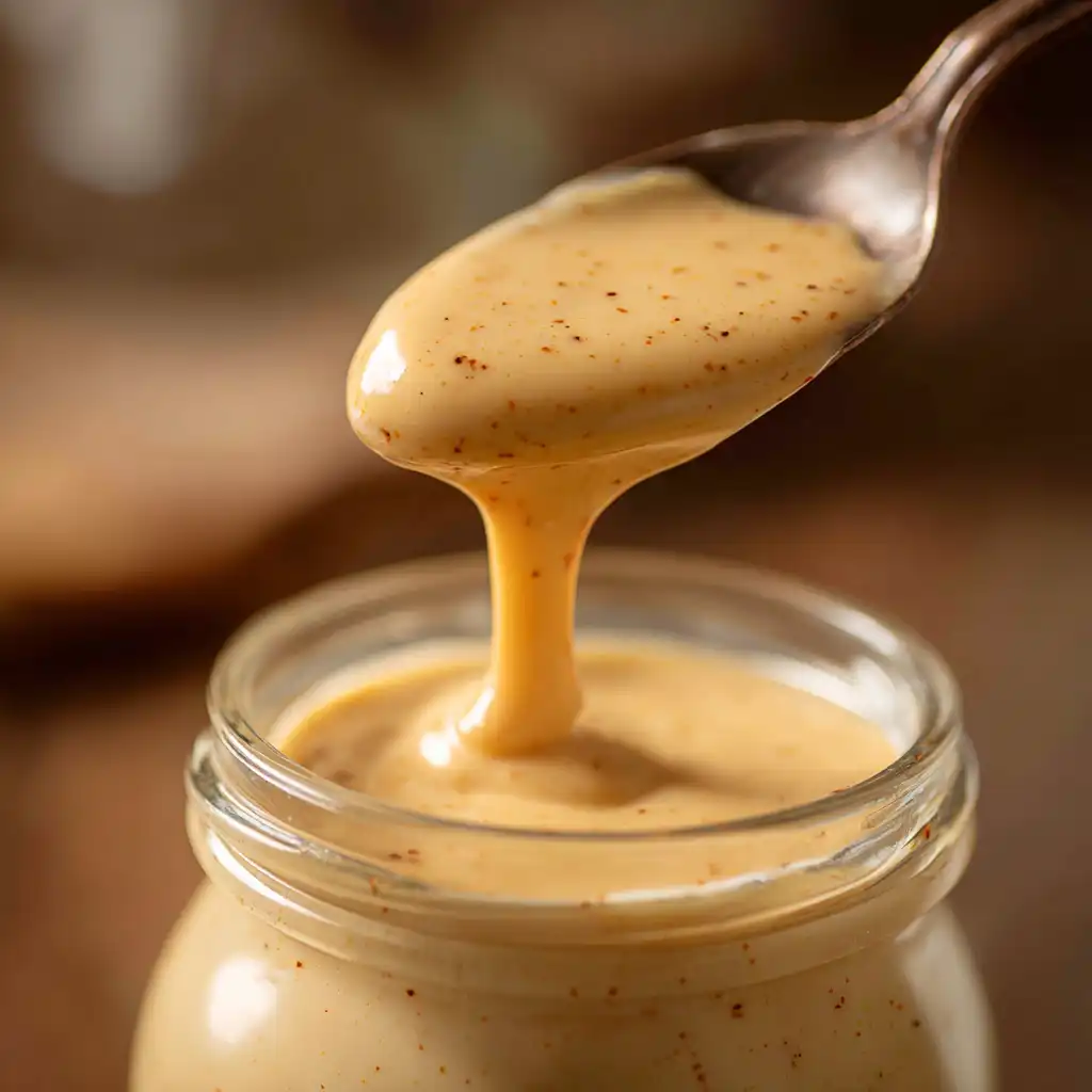 Close-up of a spoonful of creamy Boom Boom Sauce showing its smooth texture.