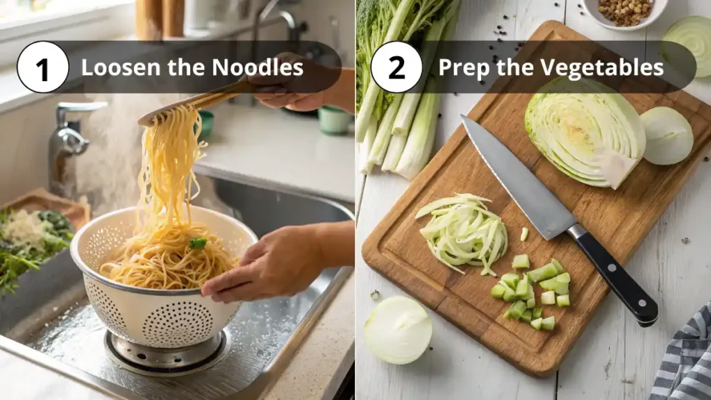 Image showing noodles being rinsed in a colander and vegetables being chopped for chow mein