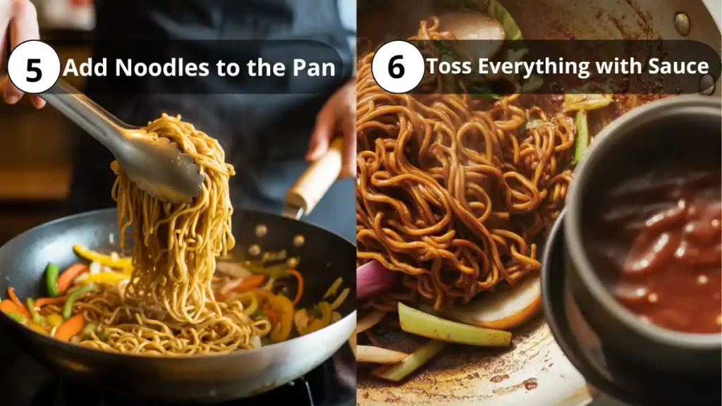 Image showing noodles being added to stir-fried vegetables, then tossed with dark chow mein sauce