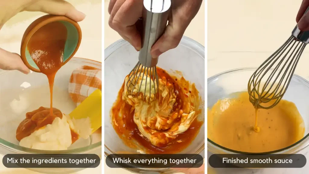 Three-step collage showing how to make the sauce: mix, whisk, and finished smooth sauce in a bowl.