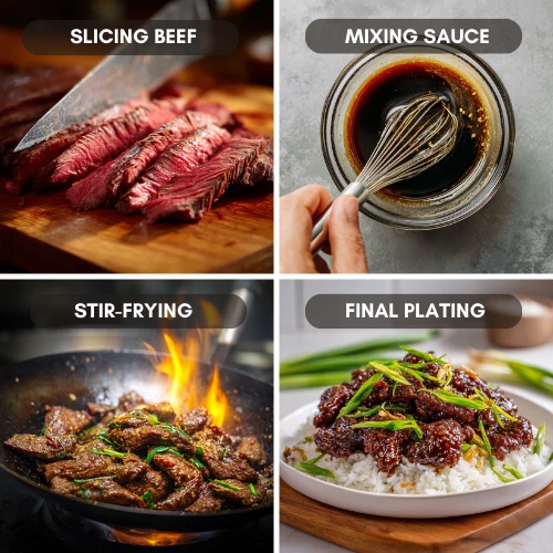 Four-panel collage showing slicing beef, mixing sauce, stir-frying, and Final plating