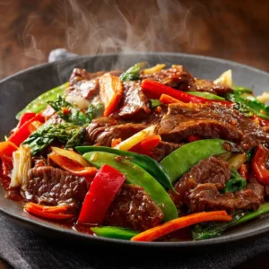 Tender Beef in Colorful Chinese Stir-Fry – Overhead View