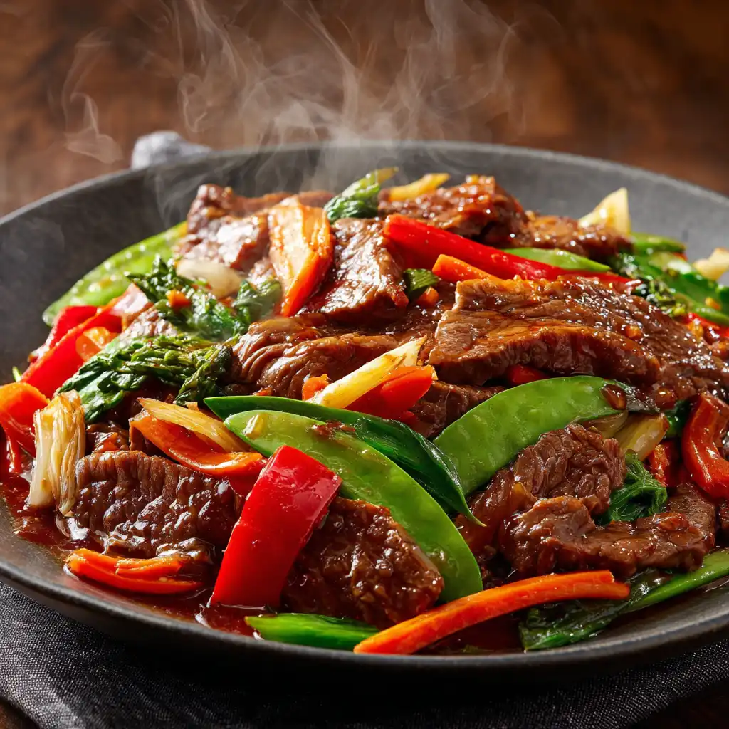 Tender Beef in Colorful Chinese Stir-Fry – Overhead View