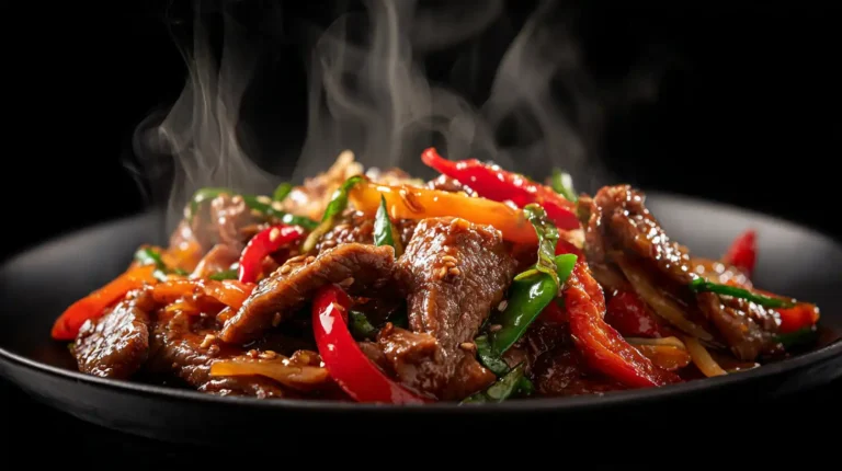 Glossy, tender slices of velveted beef in a colorful Chinese stir-fry with vegetables
