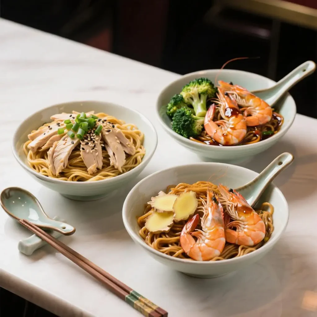 Collage of shrimp lo mein variations: chicken, broccoli, and ginger versions.