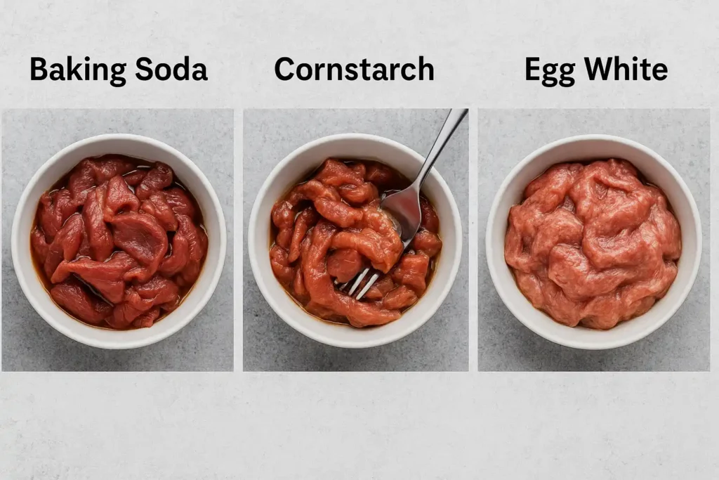 Three side-by-side bowls of raw beef slices in different marinades: baking soda, cornstarch, and egg white, showing variations in texture during the velveting process.