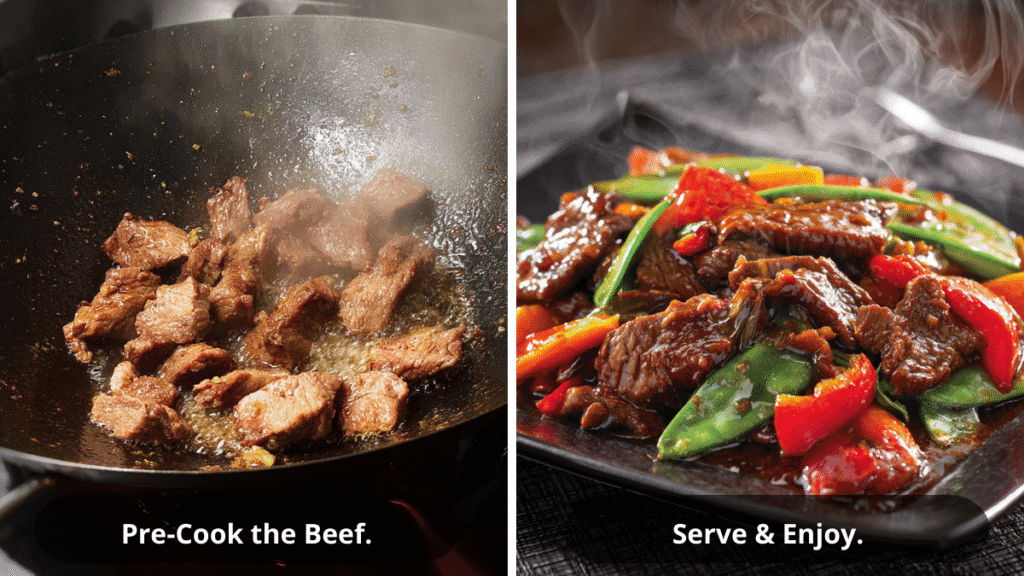 Two-step image showing the final stages of velveting beef: pre-cooking beef chunks in a hot wok with steam rising, and serving the glossy beef stir-fry with colorful vegetables on a black plate.