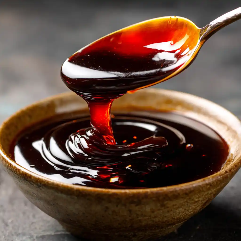 Thick oyster sauce poured from spoon into bowl