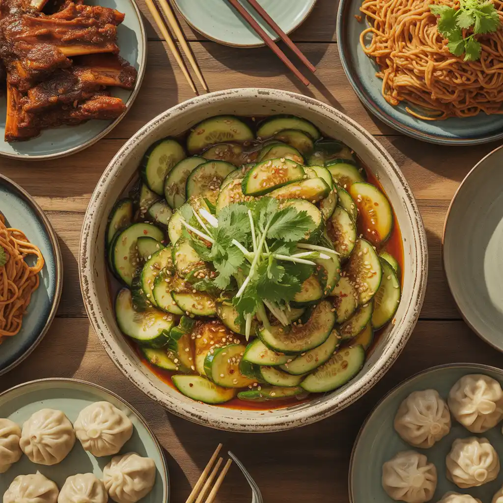 Table spread featuring Asian cucumber salad in the center, surrounded by Korean BBQ meats, dumplings, and stir-fried noodles, styled for a family-style dinner.