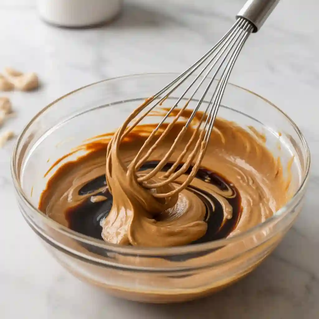 Whisking peanut butter and soy sauce for quick hoisin sauce.