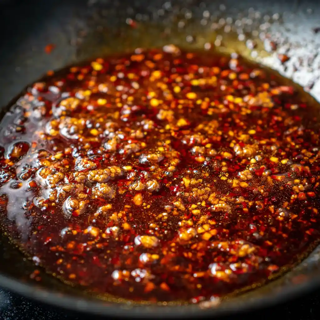 Close-up of glossy Beijing Beef sauce bubbling in a wok with garlic and chili flakes.
