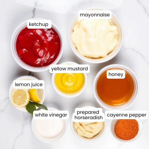 Ingredients for homemade Burger King Zesty Sauce copycat recipe laid out in bowls.