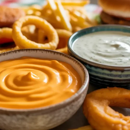 Burger King Zesty Sauce copycat served with onion rings, fries, and chicken tenders.
