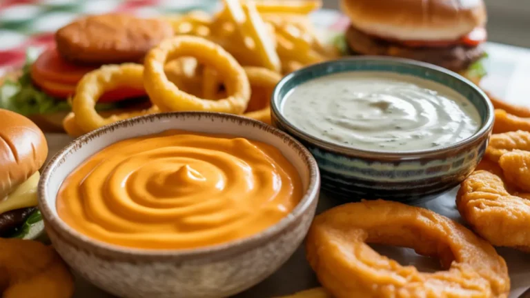 Zesty Sauce Burger King copycat in a small bowl with fries and onion rings