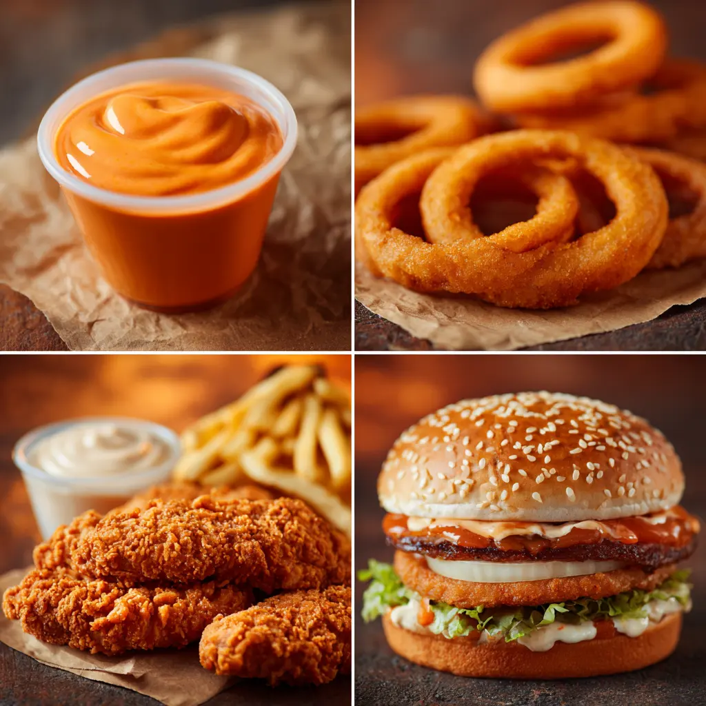 Burger King Zesty Sauce copycat served with onion rings, fries, burgers, and chicken tenders.