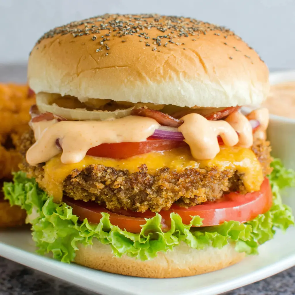 Close-up of a crispy burger with lettuce, tomato, cheddar cheese, onions, bacon, and Burger King Zesty Sauce copycat on a poppy seed bun.