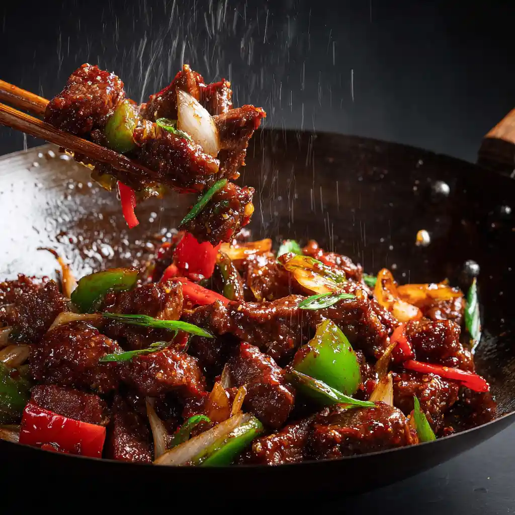 Beijing Beef being tossed in a wok with sauce, peppers, onions, and scallions under dramatic lighting.