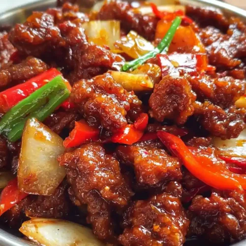 Crispy Beijing Beef in sweet tangy sauce with red bell peppers, onions, and green onions served in a bowl.
