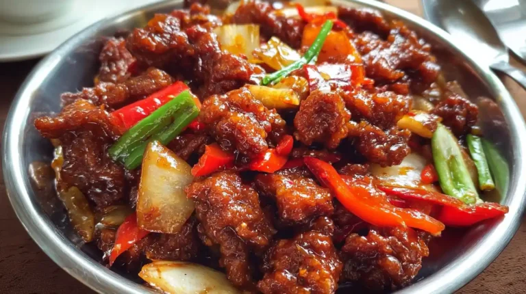 Crispy Beijing Beef in sweet tangy sauce with red bell peppers, onions, and green onions served in a bowl.