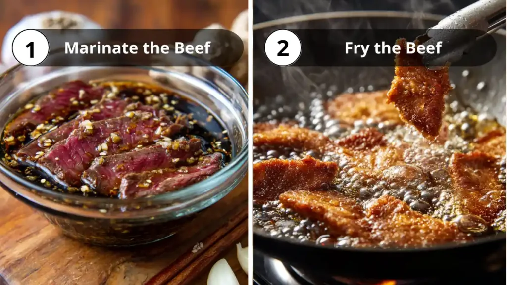 Split image showing beef marinating in a soy-garlic sauce and frying in hot oil for Beijing Beef recipe steps 1 and 2.