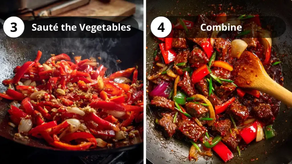 Step-by-step image showing vegetables being sautéed and Beijing Beef combined in a wok with sauce and garnishes.