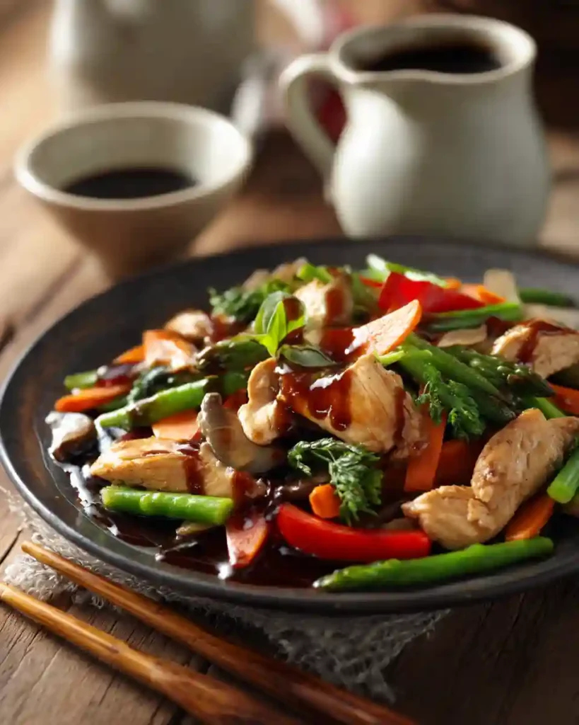 Stir-fry drizzled with homemade hoisin sauce.