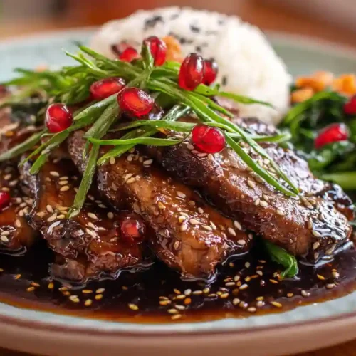 A plate of stir-fry drizzled with homemade hoisin sauce.