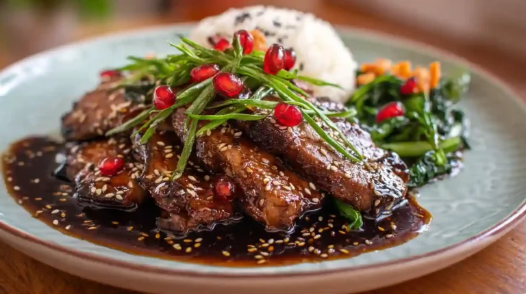 A plate of stir-fry drizzled with homemade hoisin sauce.