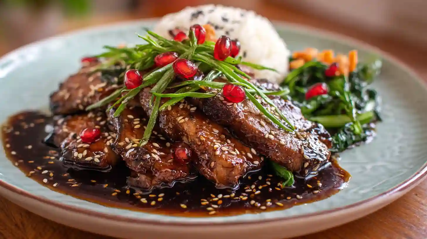 A plate of stir-fry drizzled with homemade hoisin sauce.