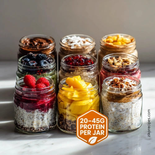 Circular badge graphic with the text “20–45g protein per jar” highlighting protein content in overnight oats