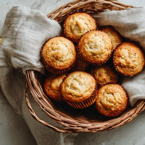 Freshly baked 3-ingredient banana muffins in a basket with bananas.
