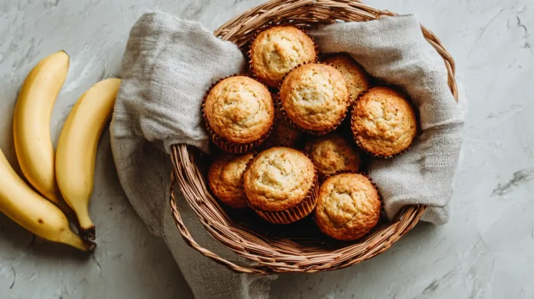 Freshly baked 3-ingredient banana muffins in a basket with bananas.
