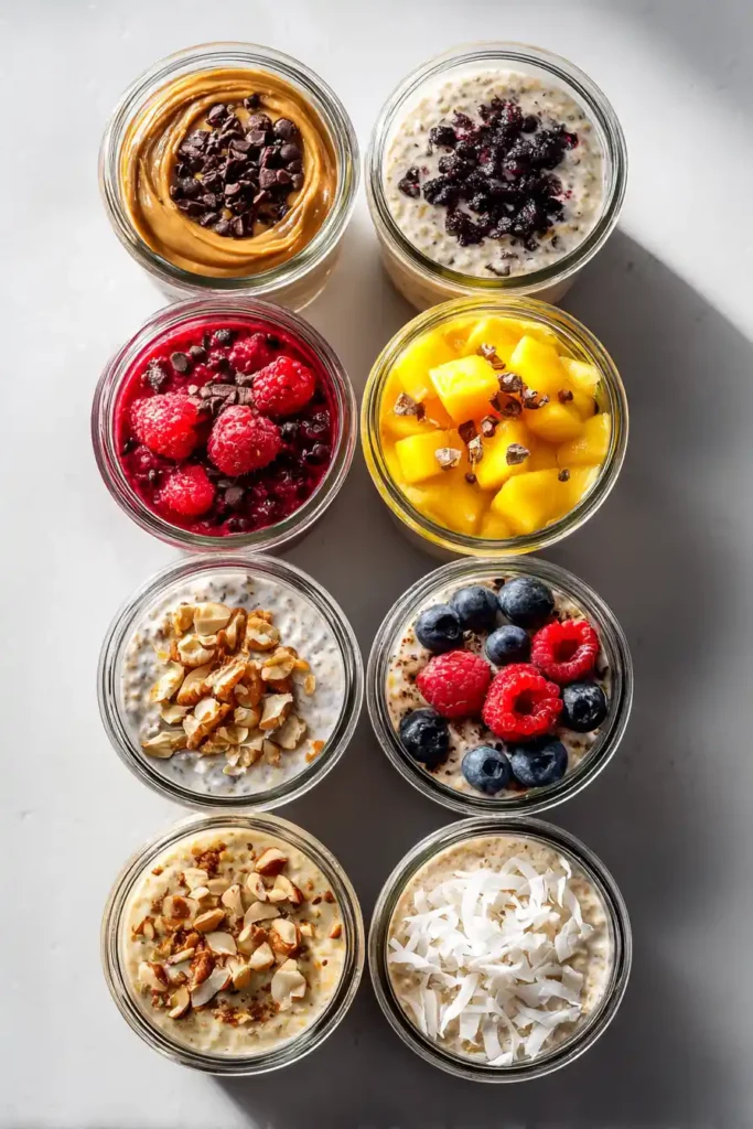 Grid of eight jars of high protein overnight oats in different flavors.