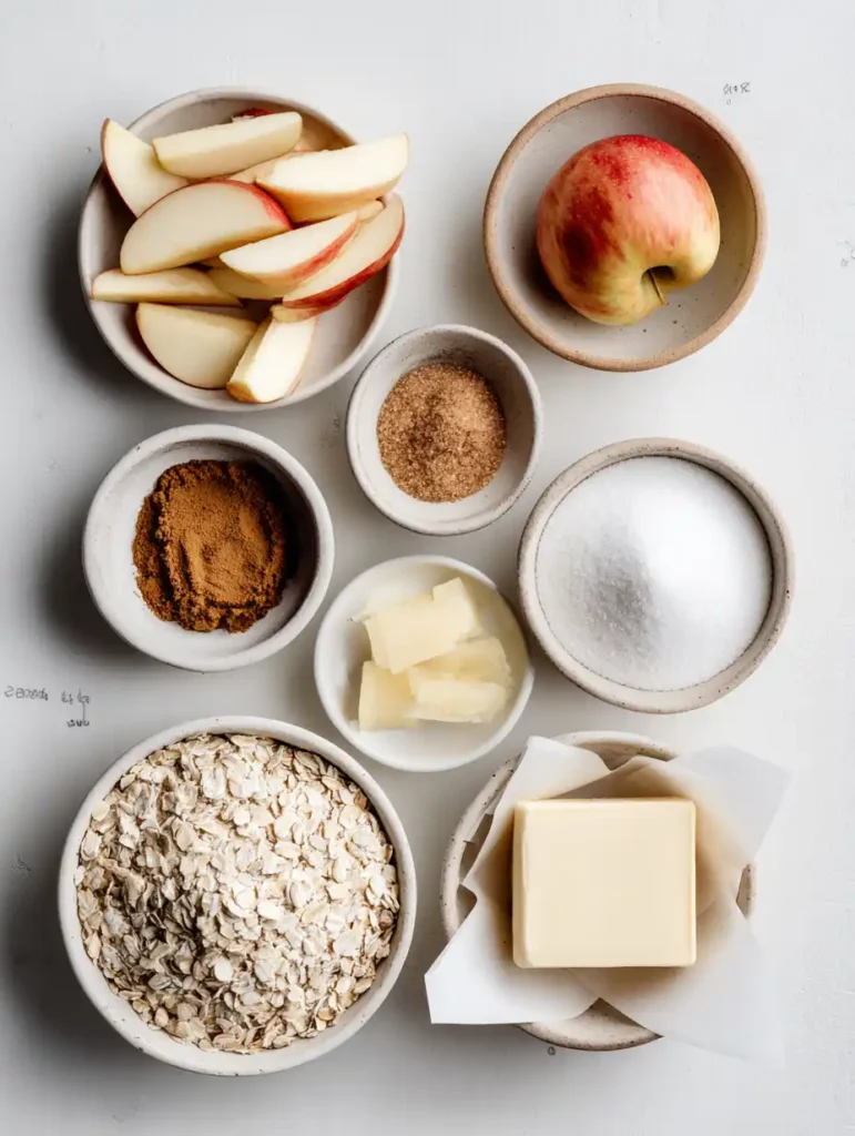 Overhead view of measured apple crisp ingredients in small bowls.