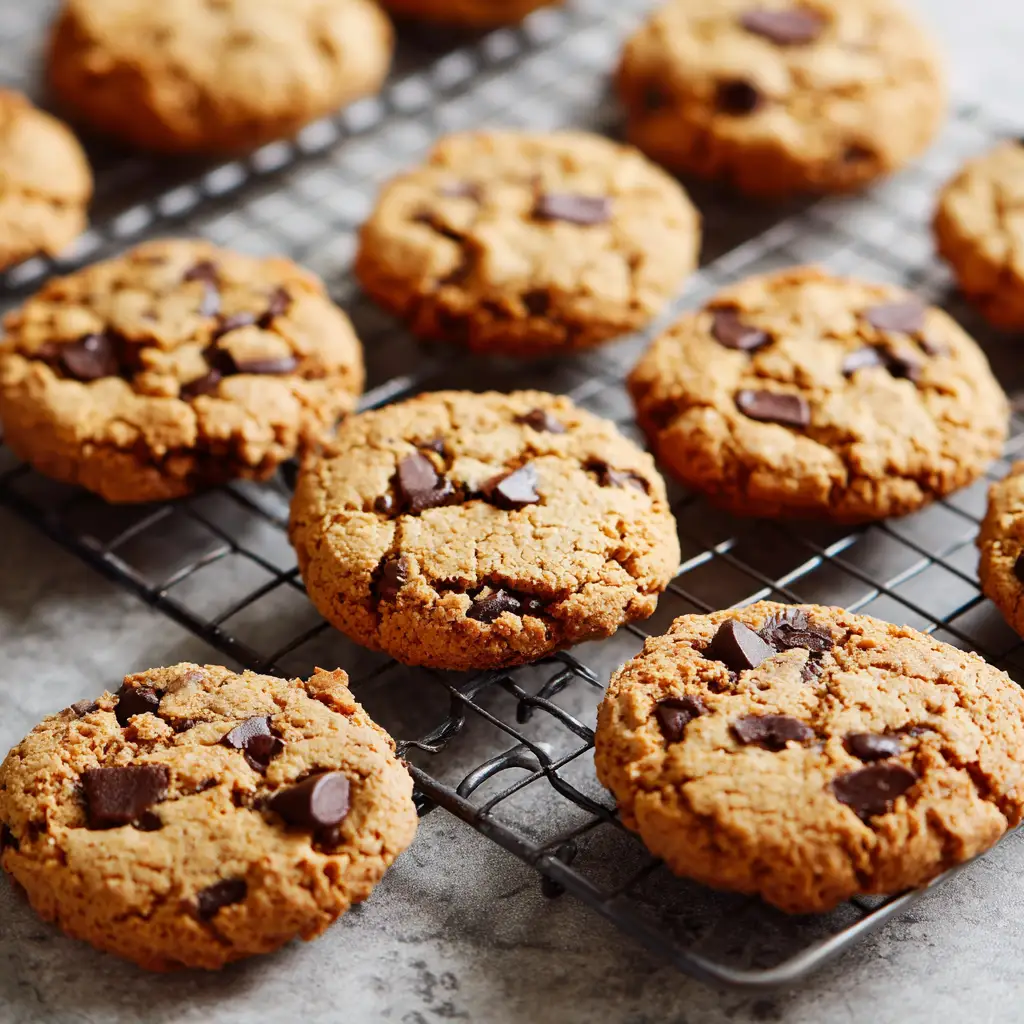 Vegan chocolate chip cookies cooling on wire rack.