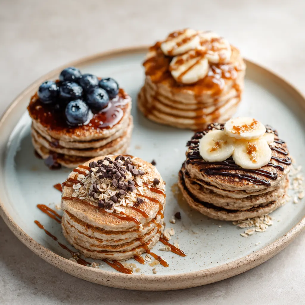 Four stacks of pancakes with blueberry, chocolate chip, cinnamon swirl, and oat toppings.