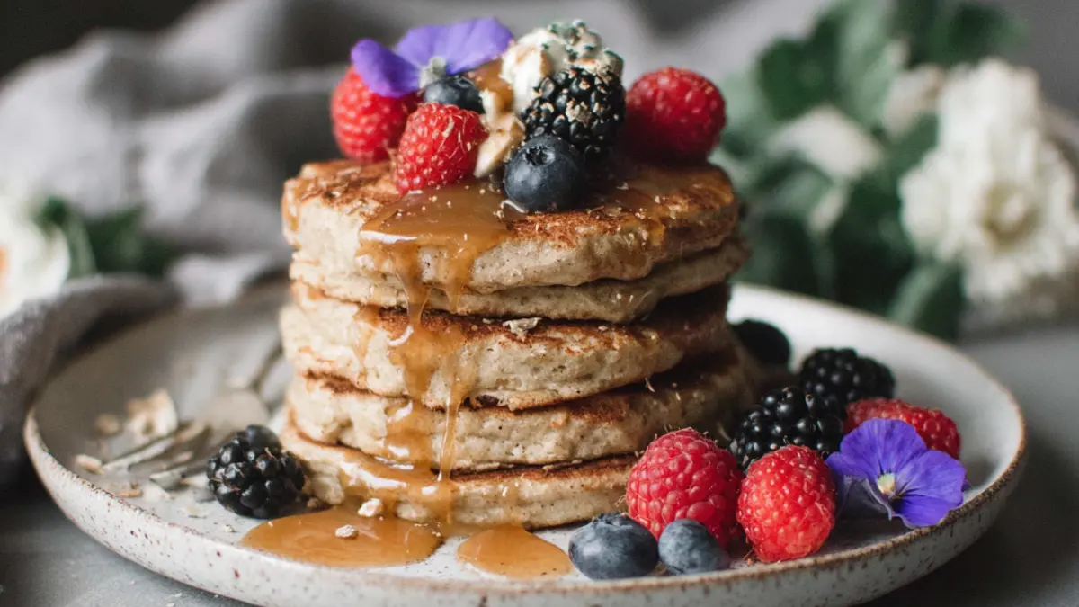 Stack of banana cottage cheese pancakes topped with raspberries blueberries and blackberries, maple syrup dripping, on a speckled ceramic plate in soft light