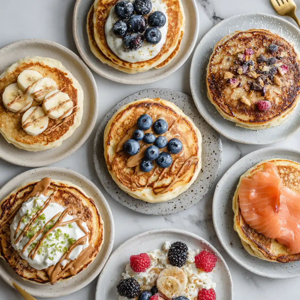 Stack of banana cottage cheese pancakes with assorted toppings including sliced bananas, blueberries, peanut butter drizzle, Greek yogurt, and smoked salmon