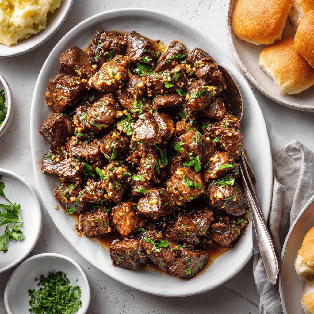 Platter of garlic butter steak bites with parsley garnish served family-style