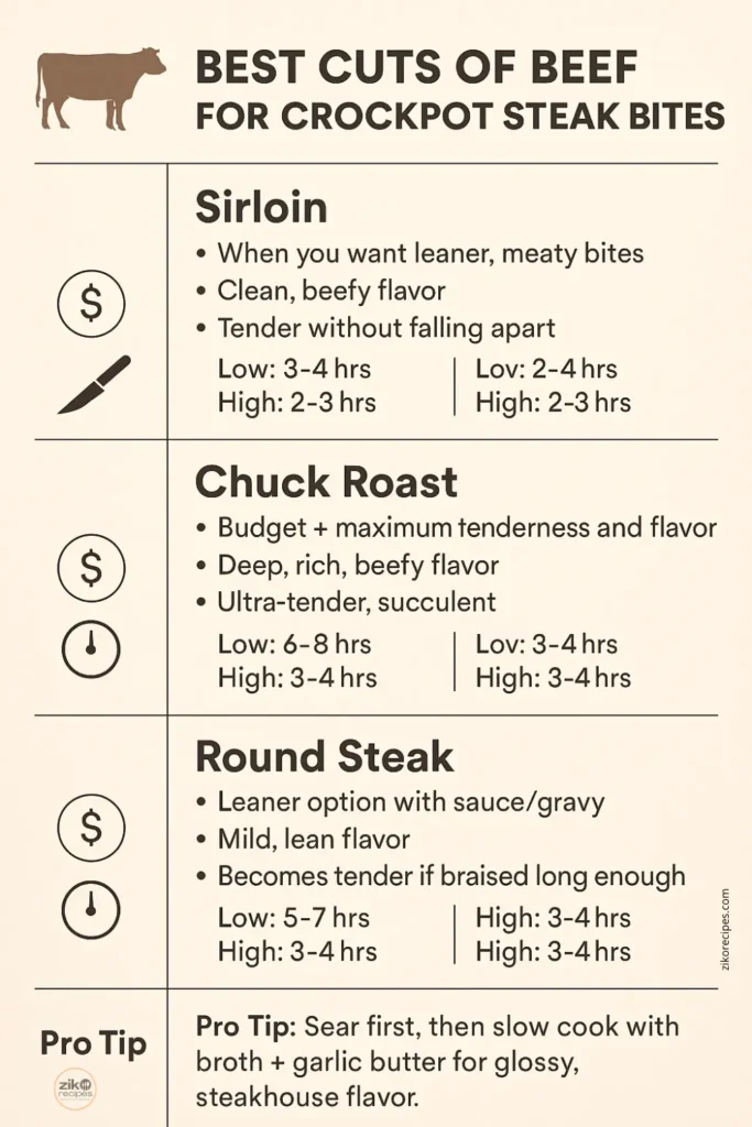Table comparing sirloin, chuck, round steak, and stew meat for slow cooker recipes.