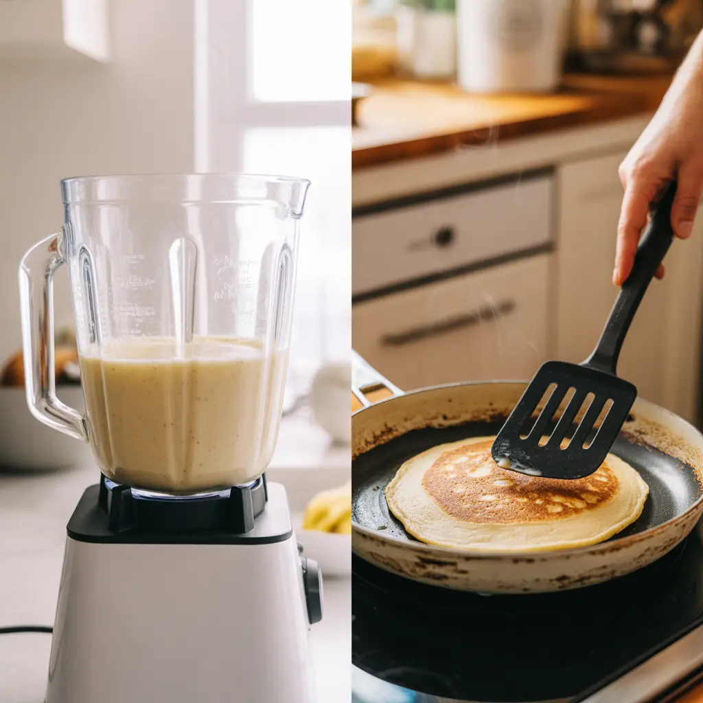Blender with ingredients next to a pancake being flipped in a non-stick skillet with a spatula, step-by-step process