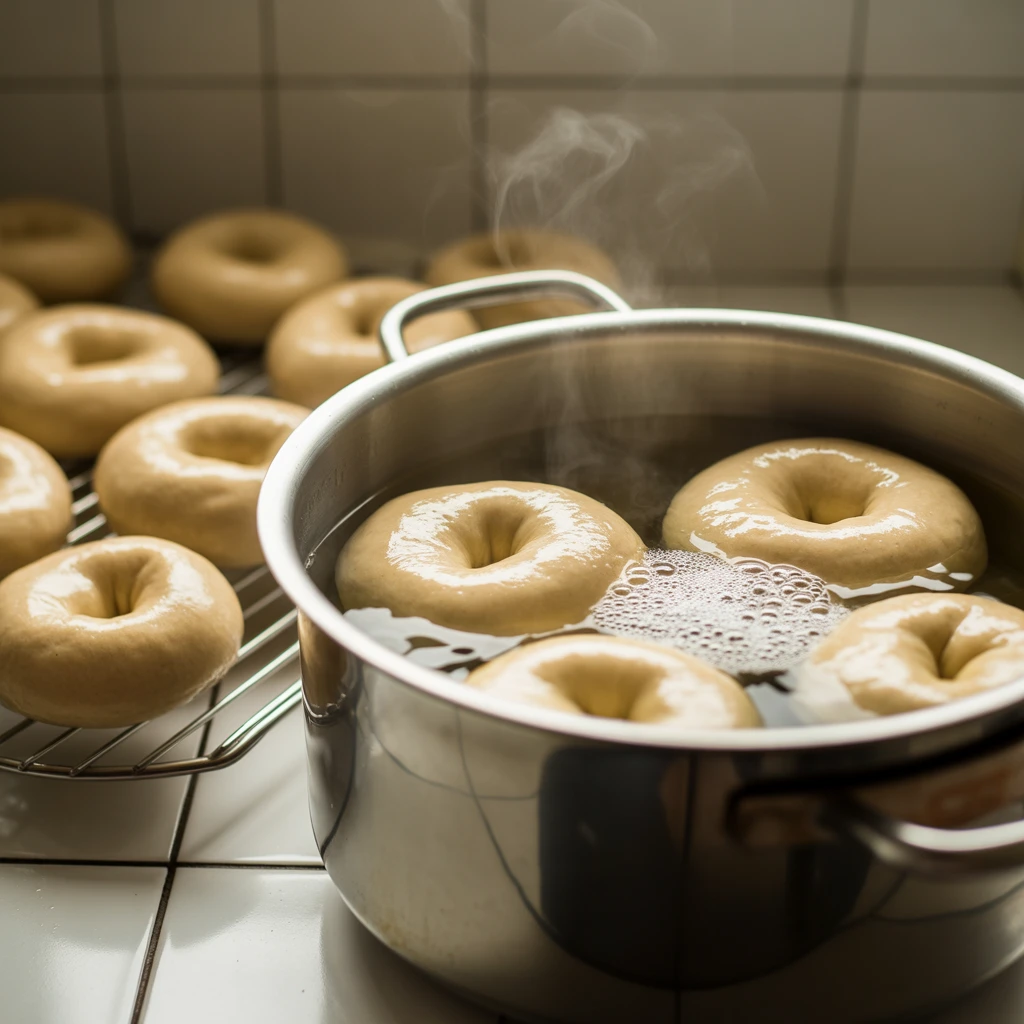 Protein bagels being boiled in water before baking for a chewy crust.