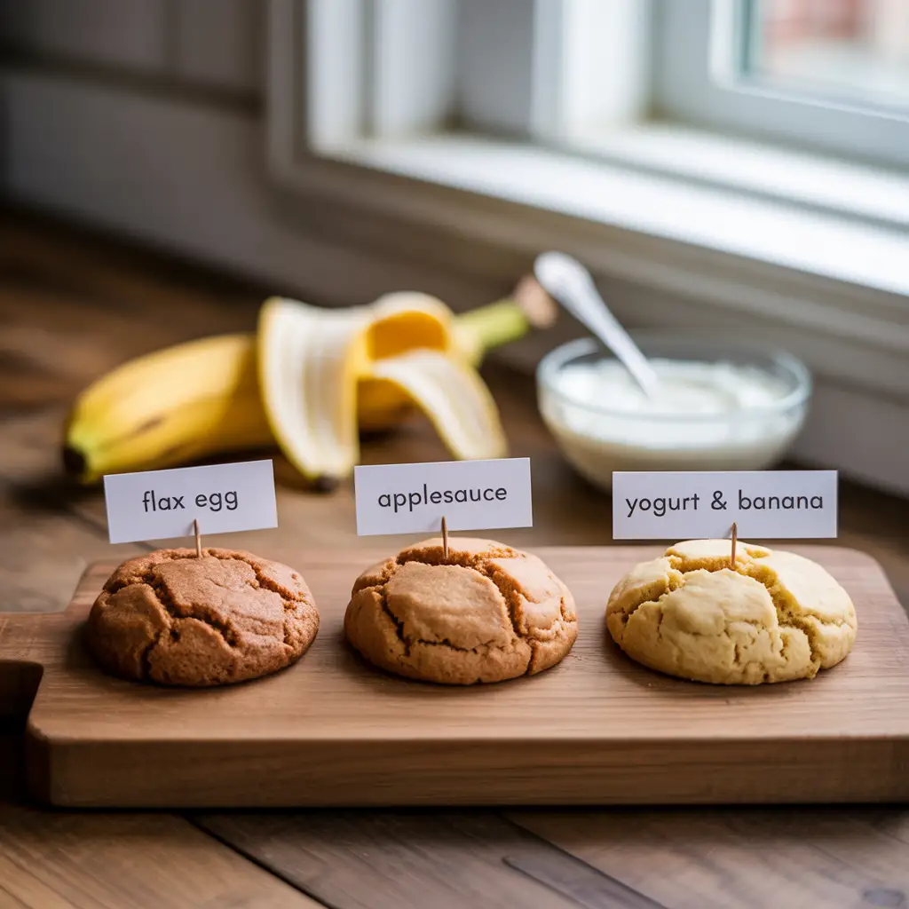 Four cookies showing different textures with flax egg, applesauce, yogurt, and banana.