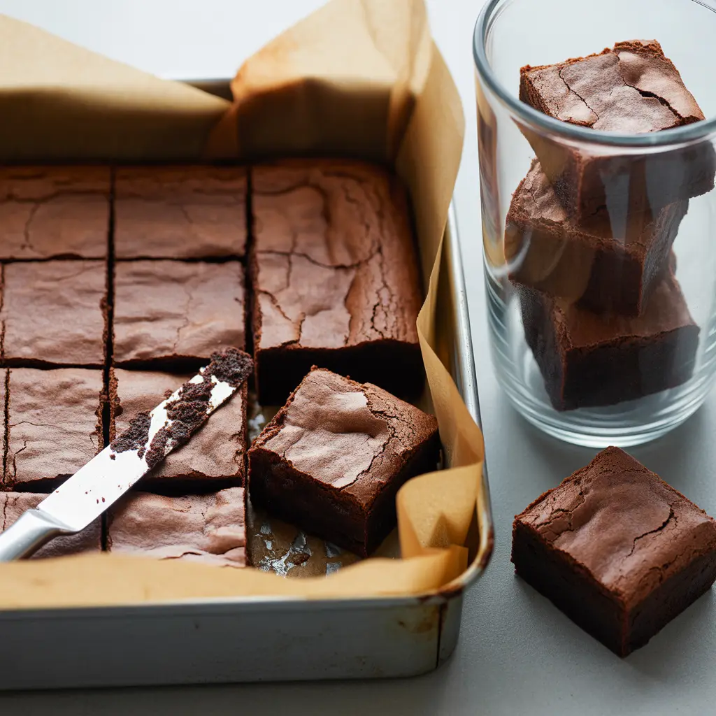 Vegan brownies cooling in a pan, sliced cleanly with a warm knife, ready for storage