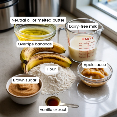 Flat lay of bananas, flour, sugar, oil, and milk for eggless banana bread
